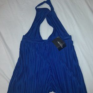 Bright Blue Plisse High Neck Open Back Romper
